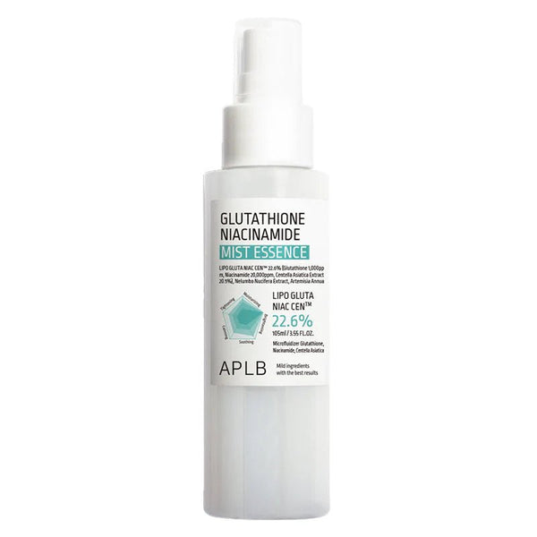 Skincare bottle labeled 'Glutathione Niacinamide Mist Essence' by APLB on a white background