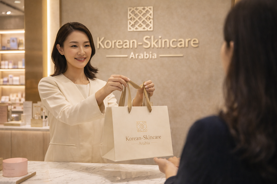 Woman receiving a Korean-Skincare Arabia bag from a staff member in a store.