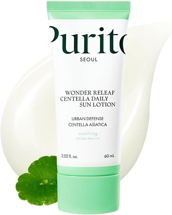 Purito Wonder Releaf Centella Daily Sun Lotion with green cap and label on a white background
