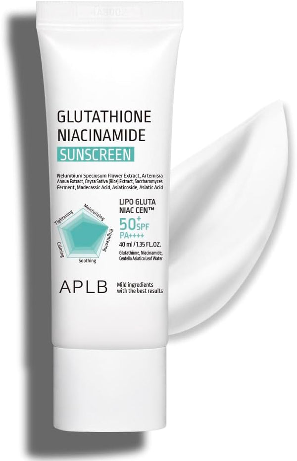 Tube of APLB Glutathione Niacinamide Sunscreen on a white background
